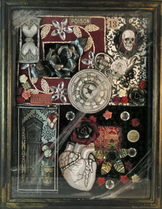 shadowbox art love and time theme with clocks watch skull heart